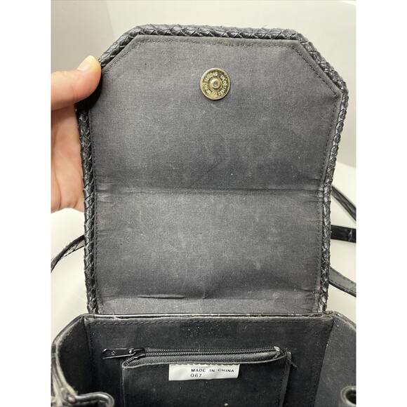 Vintage Black faux Leather Crossbody Purse snap fold over square crocodile print - Picture 8 of 12